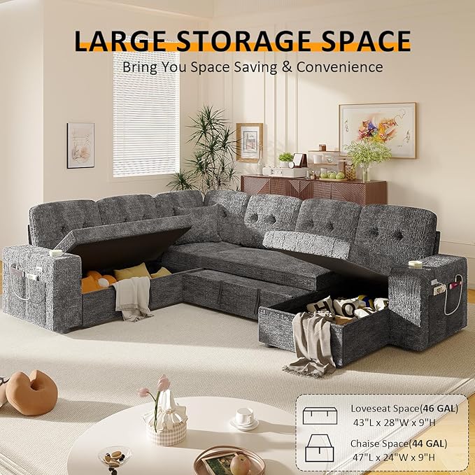 Modular Sectional Sleeper Sofa with Pull Out Bed, U Shaped 7 Seat Sectional Couches for Living Room, 108 Inch Sofa Bed with Adjustable Backrest | Hidden Storage | Wide Armrest | Grey