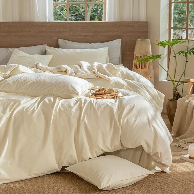 MooMee Wavy Striped Duvet Cover Set 100% Washed Cotton Linen Like Textured Breathable Durable Soft Comfy (Cream White, Full 80"x90")