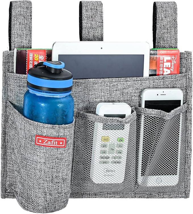 Zafit Linen Bedside Caddy, Bedside Storage Organizer for Hospital Beds, College Dorm Rooms or Baby Bed (4 Pockets-Grey)