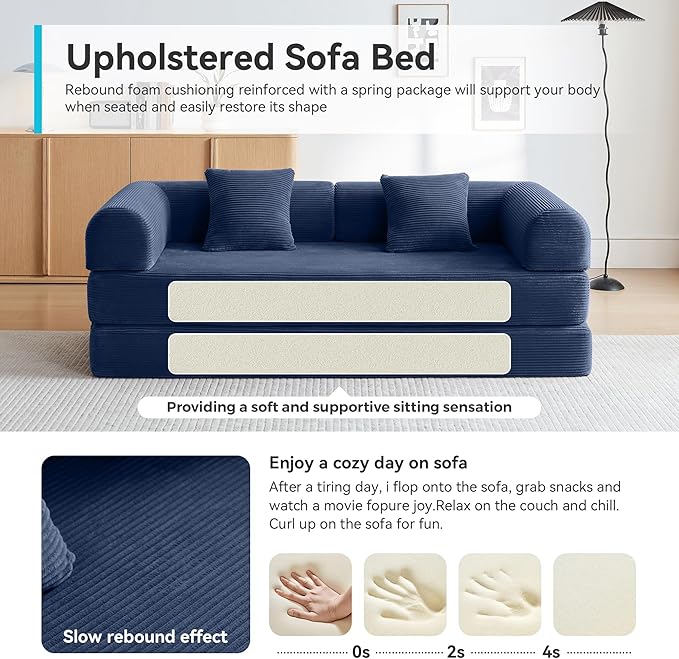 Convertible Sofa Bed with Corduroy Pillow,Comfy Floor Sofa Bed Compressed Sofa in Box, Convertible Sofa Bed for Living Room Bedroom Lounge Studio, Comfy High Density Foam Mattress(Navy Blue)