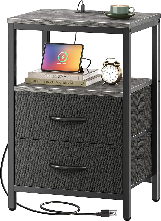 Huuger Nightstand with Charging Station, Side Table with Fabric Drawers, End Table with Open Shelf, Bedside Table with USB Ports and Outlets, Night Stand for Bedroom, Charcoal Gray | with Open Shelf, for Bedroom