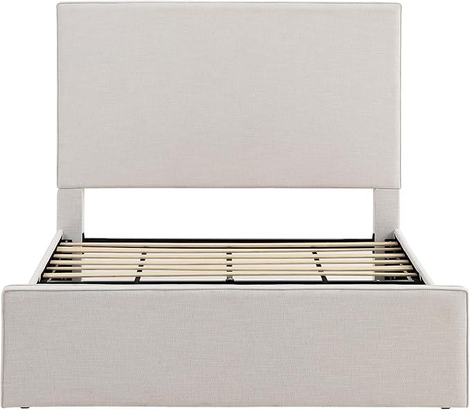 King Size Upholstered Bed Frame, 52" High Headboard Wingback Bedframes, Lucas Tall Headboard Floor Platform Beds, No Box Spring Needed/No Noise/Minimalist, Textured Lvory Canvas Chenille