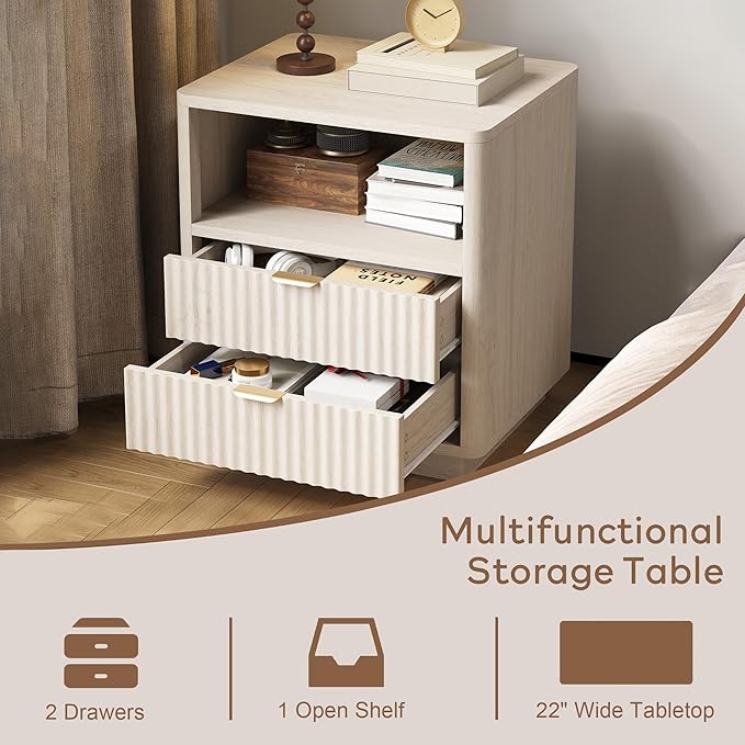 Fluted Nightstands Set of 2 - Nightstand with 2 Drawers & Open Shelves, 22" Wide Large Bedside Stand Modern Storage Wooden Side Tables for Bedroom (Oak White)