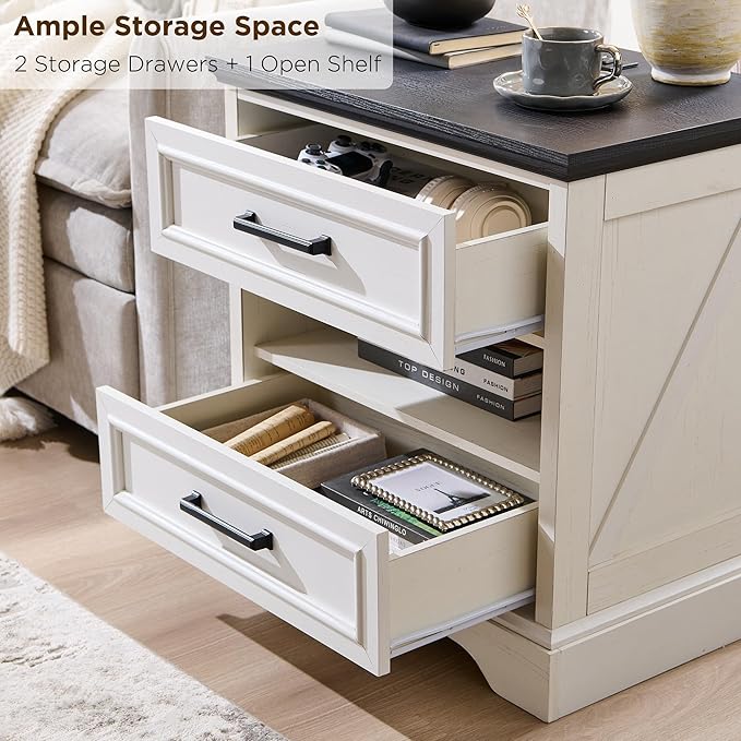 ACCOHOHO 24" Farmhouse Nightstand with Charging Station, 2 Drawers Large Bedside Table with Open Shelf, Rustic End Table for Bedroom - White