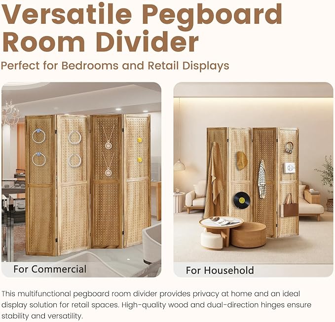 4 Panel Pegboard Display with 16 Hooks, Wooden Room Divider Wall and Folding Privacy Screens, Partition Room dividers, Pegboard Room Divider, Jewelry Store, Bedroom, Balcony, Light Brown