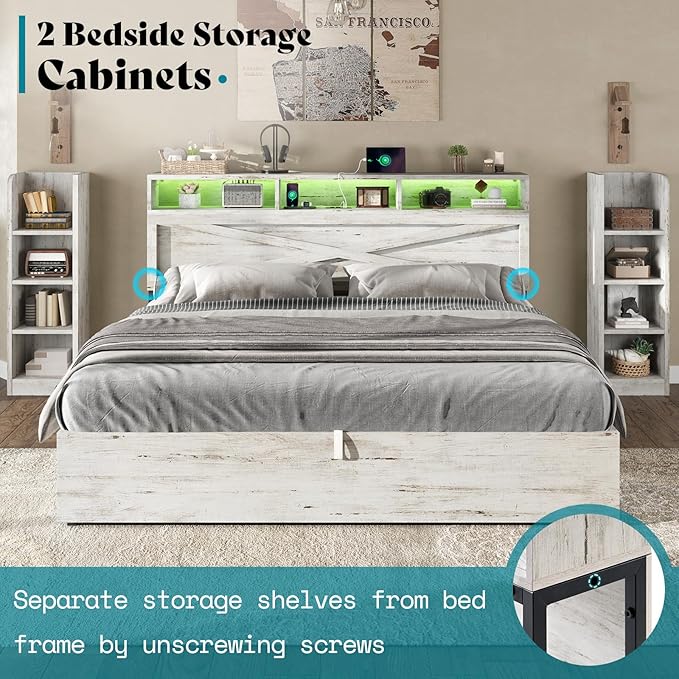 AMERLIFE King Size Lift Up Storage Bed Frame, 45.1" LED Bed Frame with 2 Side Shelves & Bookcase Headboard, Farmhouse Wood Platform Bed with Charging Station, No Box Spring Needed, Distressed White