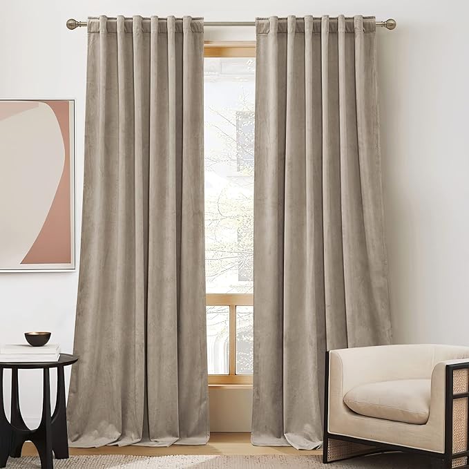 RYB Home Farmhouse Curtains Elegant Velvet, Room Darkening Privacy Shades as Window Treatment Thermal Curtains for Dining Living Room Bedroom, Camel Beige, W52 x L96 inches, Set of 2