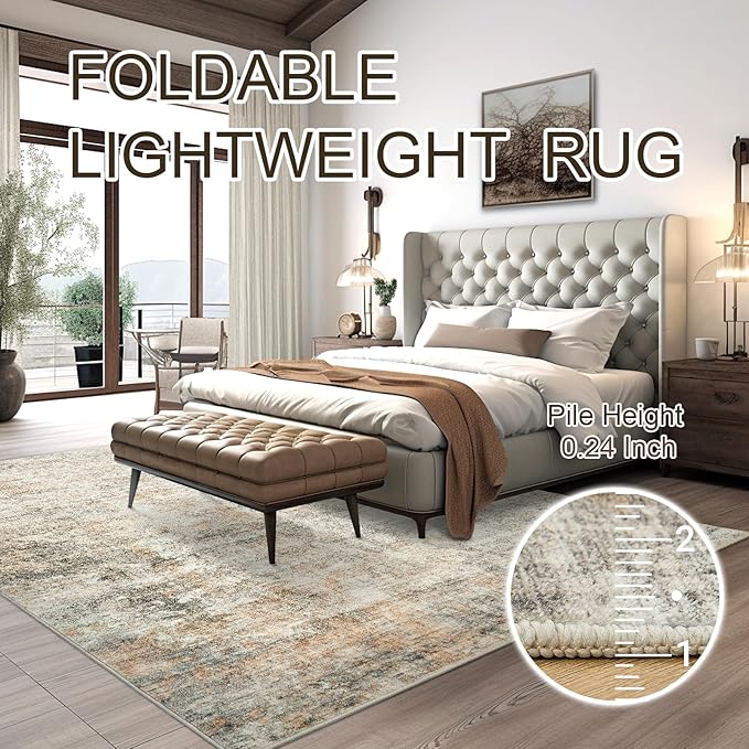 6x9 Abstract Area Rugs for Living Room 6 x 9 Washable Non Slip Low Pile Rugs for Bedroom Dining Room Foldable Thin Brown Grey