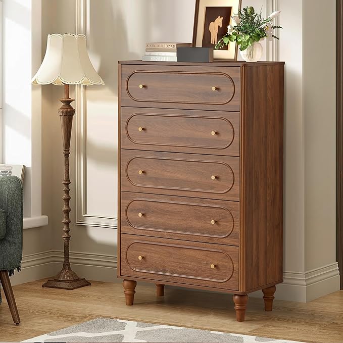5 Drawer Fluted Dresser for Bedroom, Mid Century Modern Chest of Drawers, Wood Storage Large Dresser Organizer for Bedroom Living Room Hallway Closet, Walnut