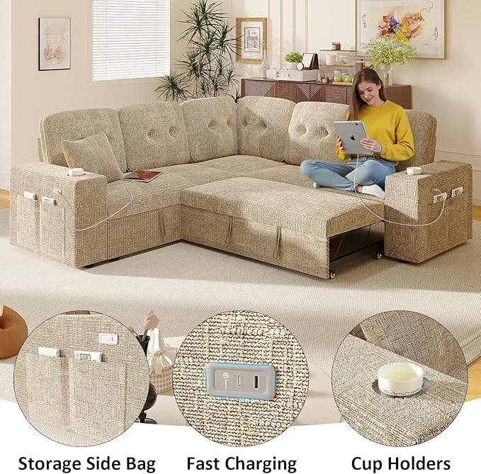 Modular Sectional Sleeper Sofa with Pull Out Bed, L Shaped 5 Seat Sectional Couches for Living Room, 84 Inch Sofa Bed with Adjustable Backrest | Hidden Storage | Wide Armrest | Khaki
