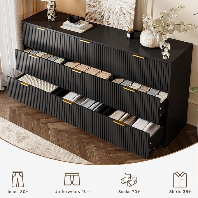 Black 9 Drawer Dresser for Bedroom, 63" Wide Modern Fluted Dresser with Gold Metal Handles, Chest of Drawers for Bedroom, Living Room, Entryway, Hallway
