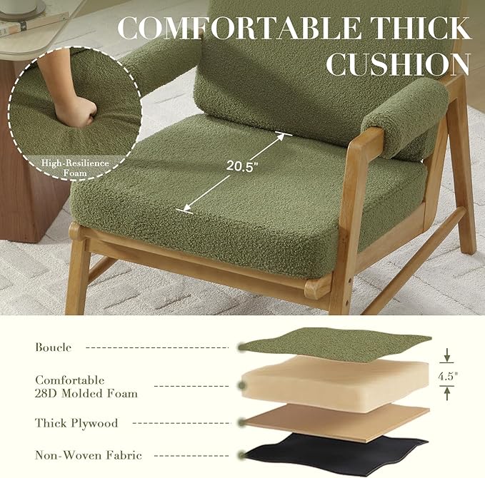 HEAH-YO Modern Accent Chair Set of 2, Upholstered Boucle Fabric Living Room Chair with Wooden Frame, Comfy Armchair with Thick Cushion for Bedroom Balcony, Green