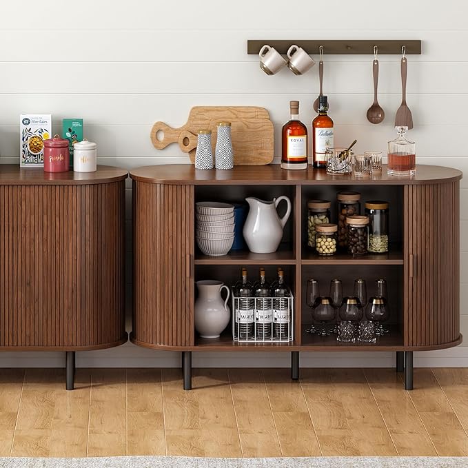 ONBRILL 48" Sideboard Buffet Cabinet with Storage, Storage Cabinet with Sliding Door & Adjustable Shelf, Modern Accent Coffee Bar Console Table for Kitchen, Entryway, Walnut