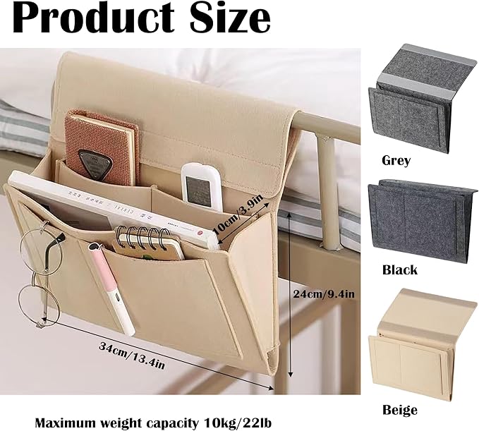 Bedside Caddy, 5 Pockets Felt Bedside Storage Organizer, Hanging Storage Organizer for Home Bedroom Living Room College Dorm Bed Water Bottles, Magazines, Phone, Glasses (Gray)