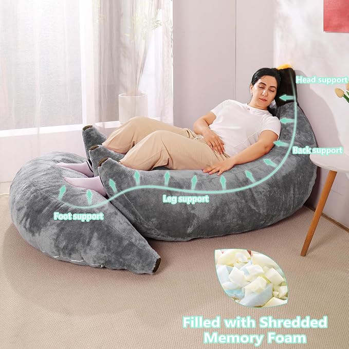 Banana Bean Bag Chair with Ottoman, Floor Sofa Bed with Footrest, Comfy Convertible Lounger for Adults, Plush Couch for Bedroom, Living Room or Dorm, L-Grey