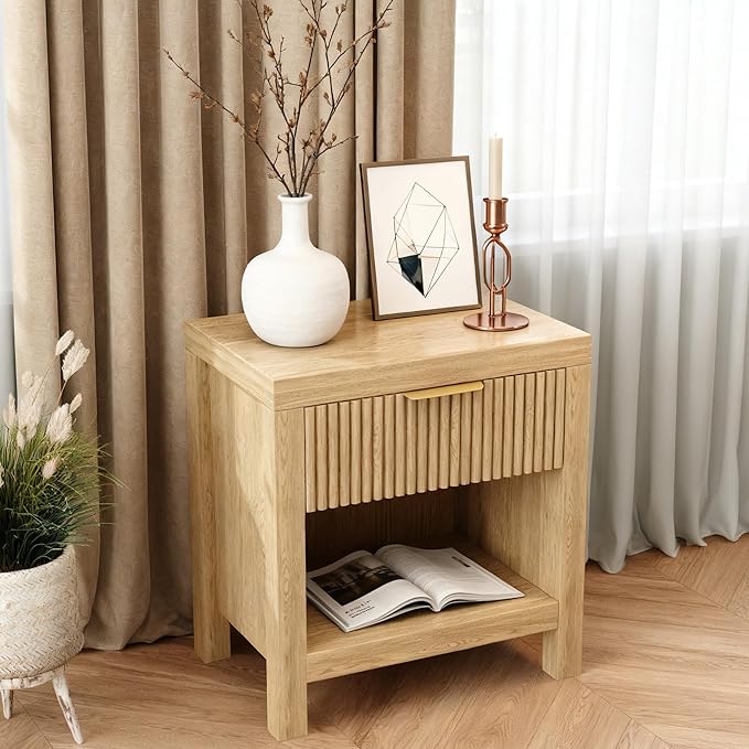 Nightstand Set of 2, End Table with 2 Drawers, Modern Bed Side Table with Storage, Farmhouse Fluted Cabinet Bedside Cabinet for Bedroom Living Room Sofa Couch Office Natural Oak