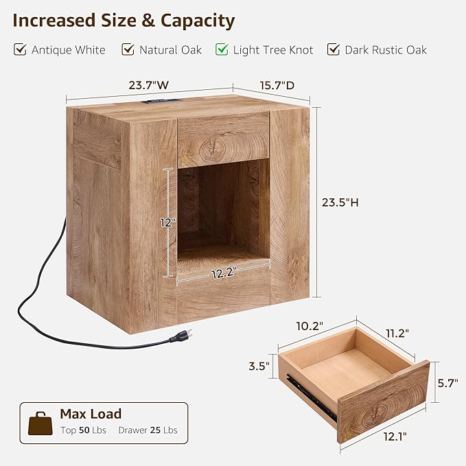 OKD 24'' Modern Nightstands Set of 2, Large Wooden End Table with Charging Station & Drawer & Storage Shelf, Rustic Square Bedside Table for Bedroom, Living Room, Wood Thick Design,Light Tree Knot