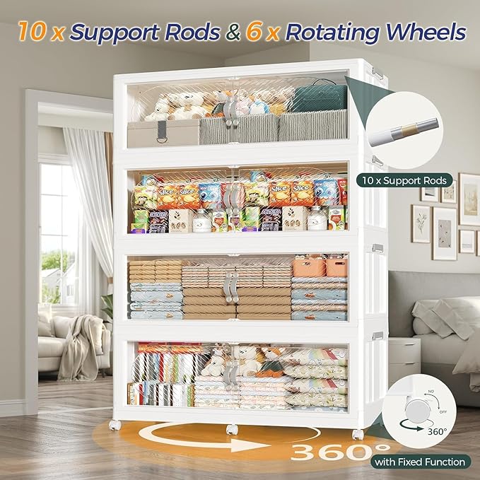 720QT Plastic Stackable Storage Bins with Lid, 180GAL Extra Large Collapsible Box with Wheels Clear Door, Foldable Closet Organizer Container Cabinet Drawer for Home Kitchen，3Pack, White