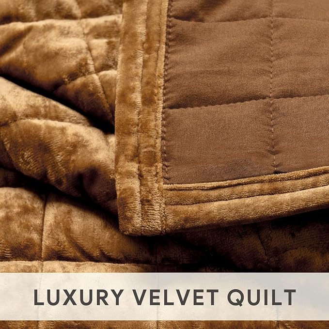 RECYCO Luxury Velvet Quilt Set King Size Bedding Sets, Ultra Soft Velvet Comforter Set, Lightweight Channel Box Stitch Oversized Bedspread Coverlet for All Season, with 2 Shams, Caramel Gold