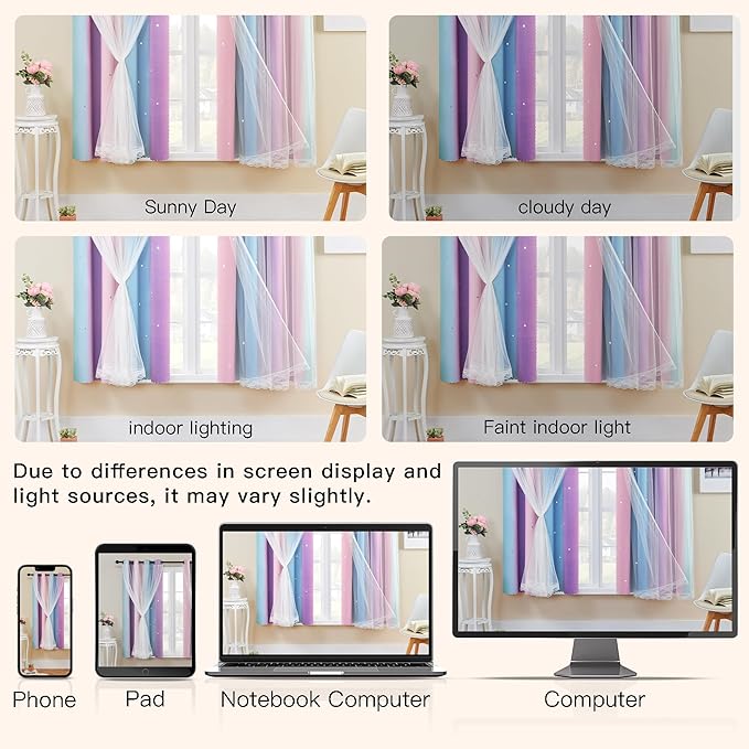 XiDi Girls Curtains for Bedroom, Purple Rainbow Blackout Curtains fo Kids Room Decor, Princess Unicorn Wall Decals Pink 63 Inches Long 34 Wide 1 Panel