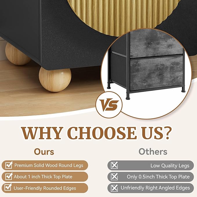 23" Black Nightstand with Solid Wood Legs, Modern Style Fluted Bedside Table with Round Moon Handle & Storage, Mid Century Cute Night Stand for Bedroom, Side Table, End Table