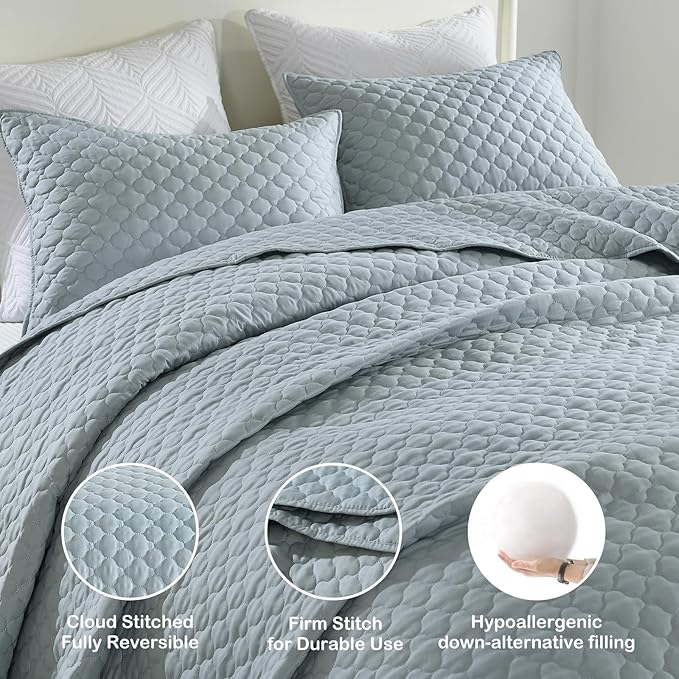 HORIMOTE HOME Quilt King Size Chambray Blue, Lightweight Quilt for Summer, Ultra-Soft Polyester Modern Style Quilted Clouds Pattern Bedspread Quit Set 3 Pieces(1 Quilt and 2 Pillow Shams)