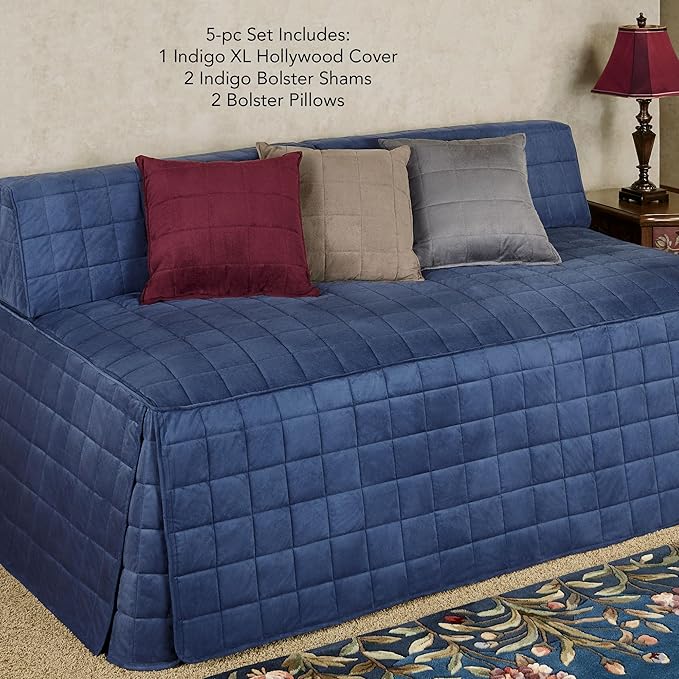 Camden Luxury Bedding | Warm Indigo Color | Fitted Hollywood Daybed Bedding | Faux Suede Box Quilted Design | 5 Piece Set Includes Extra Long Hollywood Cover, 2 Bolster Shams, and 2 Bolster Pillows