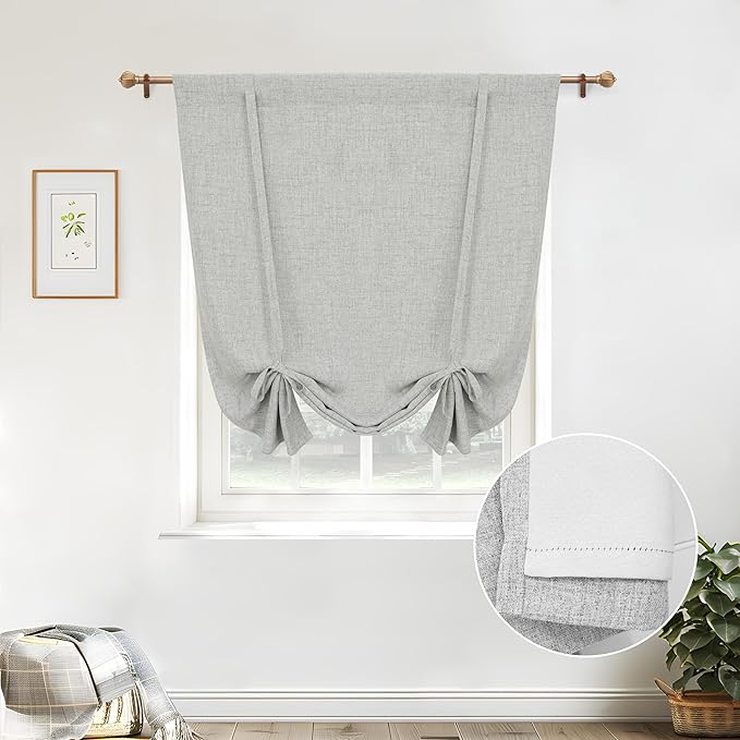 DriftAway Double Layer Linen Blackout Tie Up Curtains Thermal Insulated Fully Lined Balloon Roman Shade Bathroom Window Adjustable Rod Pocket for Small Window 39 Inch by 55 Inch Gray