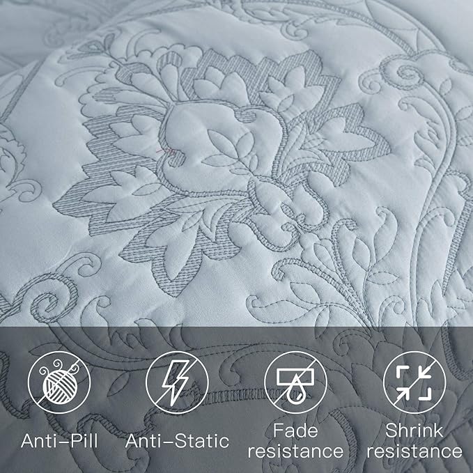 CHIXIN Oversized Bedspread Coverlet Set King Size - Lightweight Bedding Cover - Beautiful Stitching - 5 Piece Reversible Bedspread - Gorgeous Damask Paisley Pattern (King, Light Grey)