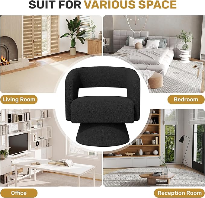 Swivel Accent Chair Set of 2, Modern Comfy Teddy Barrel Chairs, Oversized Upholstered Round Arm Chair for Living Room, Bedroom, Reading Room, Black