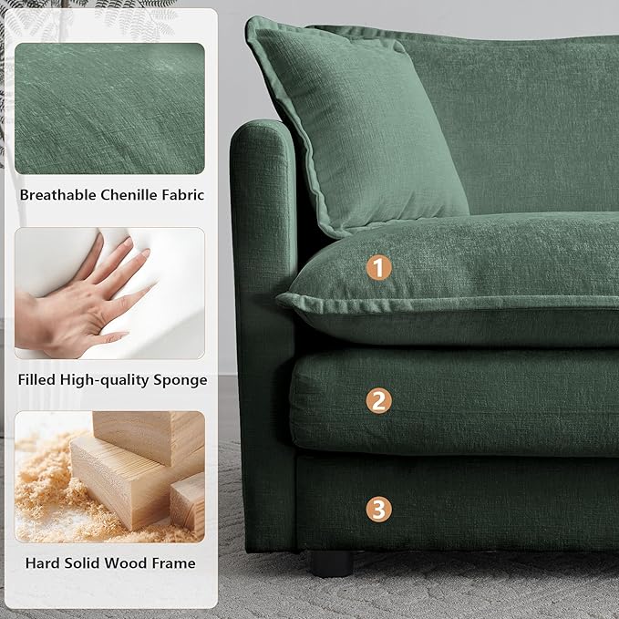 mikibama 41.4" W Single Seat Sofa, Chenille Comfy Deep Upholstered Couch Armchair with Toss Pillow for Living Room Bedroom Office Apartment, Evergreen