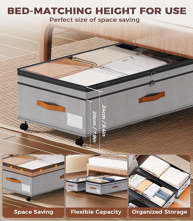 Under Bed Storage, 35.5 inches Under Bed Storage with Wheels, Large Capacity UnderBed Containers with Clear Lids, 2Pcs Rolling Under the Bed Storage for Clothes, Shoes, Blankets Black (Deep Gray)