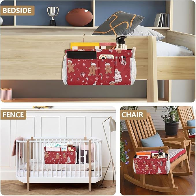 Bedside Caddy Hanging Bunk Bed Caddy Bed Organizer Hanging Pocket with 2 Hooks Bedside Storage Organizer Pocket Bag Holder Gingerbread Christmas Tree01