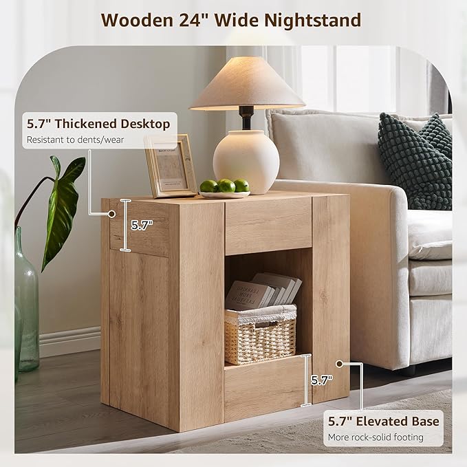 OKD 24'' Modern Nightstands Set of 2, Large Wooden End Table with Charging Station & Drawer & Storage Shelf, Rustic Square Bedside Table for Bedroom, Living Room, Wood Thick Design,Natural Oak