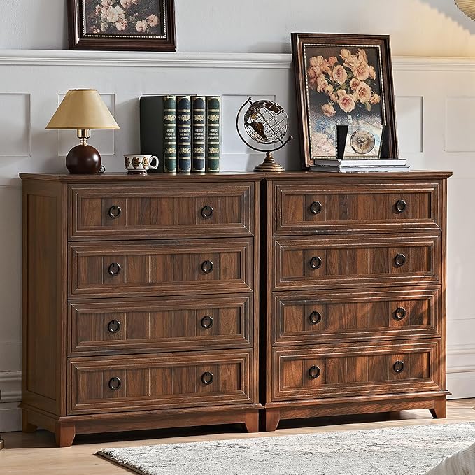 Farmhouse 4 Drawer Dresser for Bedroom Set of 2, 35" Tall Small Dressers & Chest of Drawers, Rustic Wood Dresser with Metal Handle, Storage Organizer Closet for Living Room, Hallway, Entryway