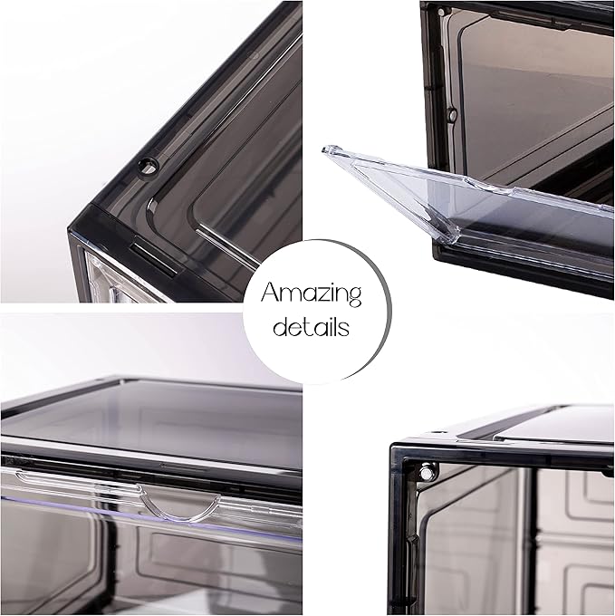 Attelite Large Clear Shoe Box Organizer,Plastic Stackable Shoe Storage Box with Magnetic Door, Large Clear Door Shoe Containers for Display Sneakers, Easy Assembly（Black）