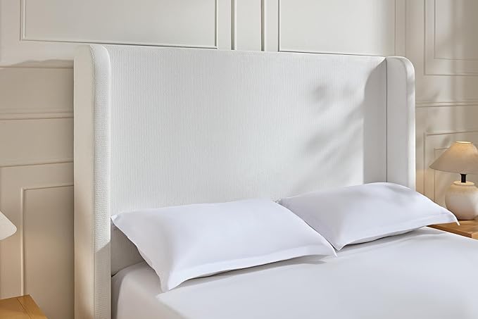 California King Size Upholstered Bed Frame, Platform Bed Frames with 54" Tall Headboard Wingback, Strong Wood Slats Support/No Box Spring Needed/Elegant Simplicity/No Noise, Cream White Chenille
