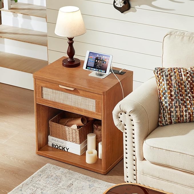 LEYAOYAO Rattan Nightstand with Charging Station, Tea Brown Night Stand with Drawer, 23" Wide Boho Bedside Table with Storage Shelf, Bed Side End Tables for Bedroom, Living Room, Hallway