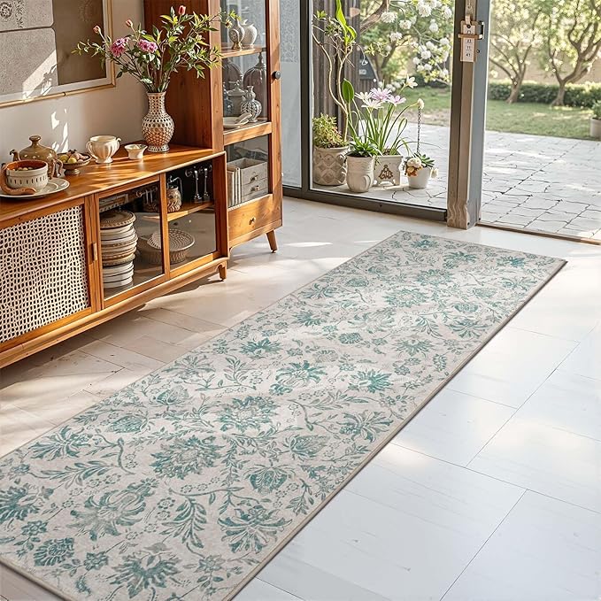 jinchan Torino Runner Rugs 2x5 Vintage-Inspired Floral Design Machine Washable Non-Slip Ultra-Thin Low Pile Rubber Backing Runner Rug for Kitchen Hallway Laundry Room Entryway