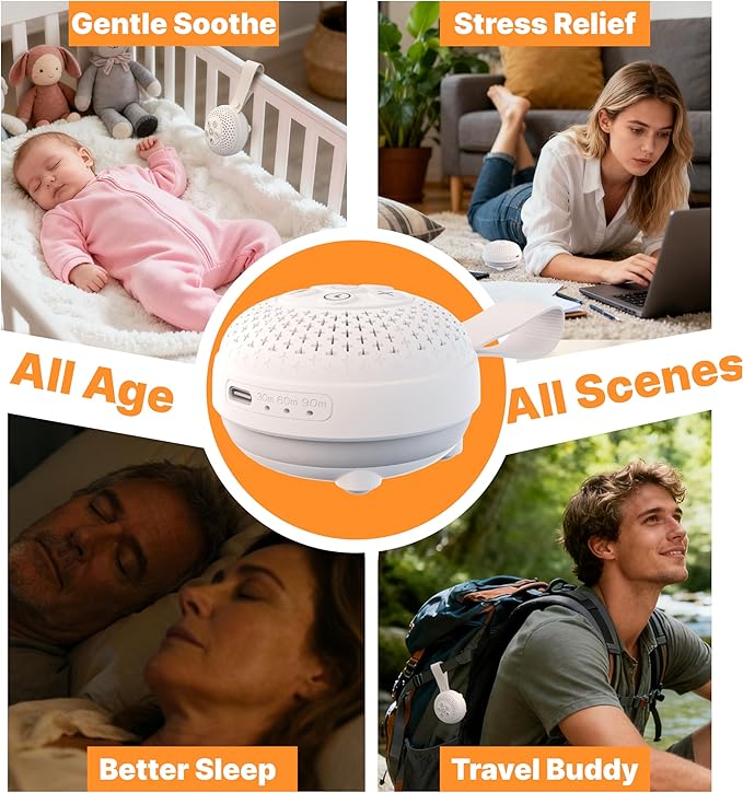 White Noise Sound Machine with Voice Recording & 16 Soothing Sounds +3 Night Lights, Portable and Rechargeable Design & 3 Auto-Off Timers – Perfect for Baby/Adults/Sleeping/Travel