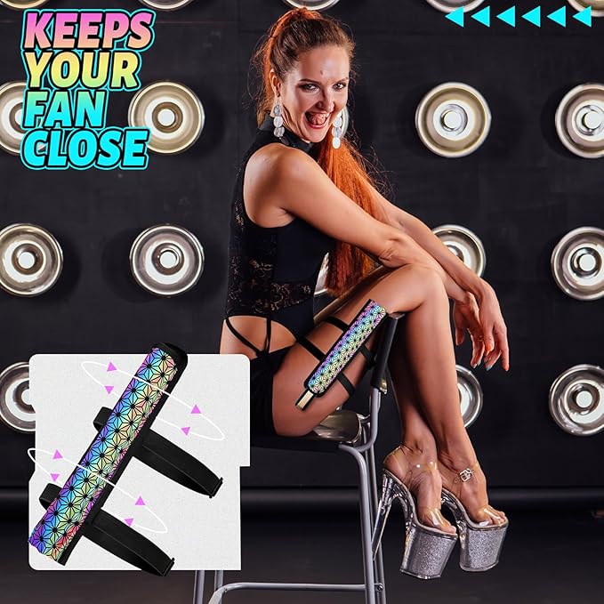 Summer Rave Fan Thigh Holster Rave Fan Holder Folding Hand Pouch Foldable Sleeves with Waist Belt for Thigh Party