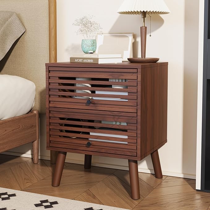 Nightstand Set of 2, Side Table, End Table, Mid Century Modern Nightstand with Hollowed Drawers, Bedside Tables, Small Nightstands with Storage for Bedroom, Walnut