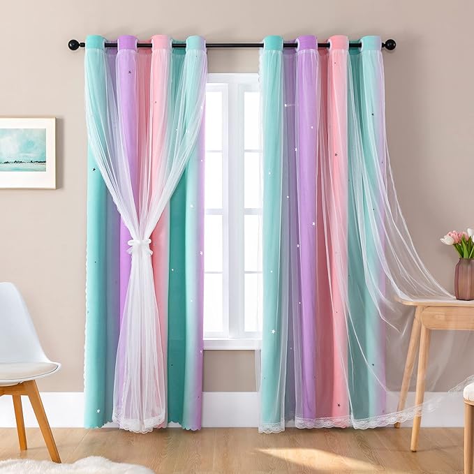 XiDi Dream Star Blackout Curtains for Kids Rooms Girl Princess Curtain for Daughter Bedroom Window (Pink Purple Green, W52 X L72)