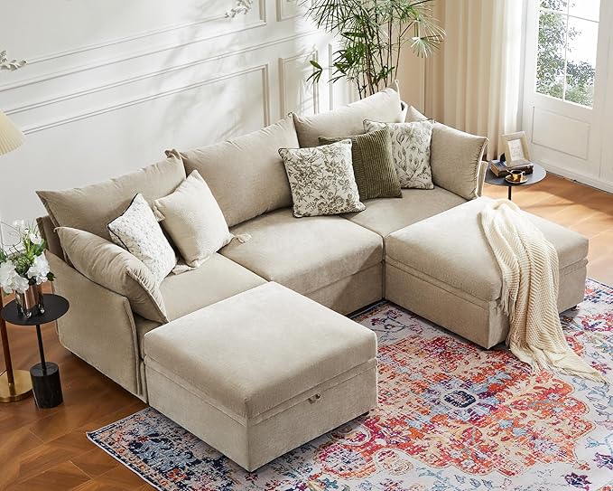 ABCASA 102.6" U Shaped Modular Sectional Sofa, 5 Seater Couch with Storage Ottoman Deep Seat and High Backrest with Removable Cover for Living Room, Apartment - Chenille Beige