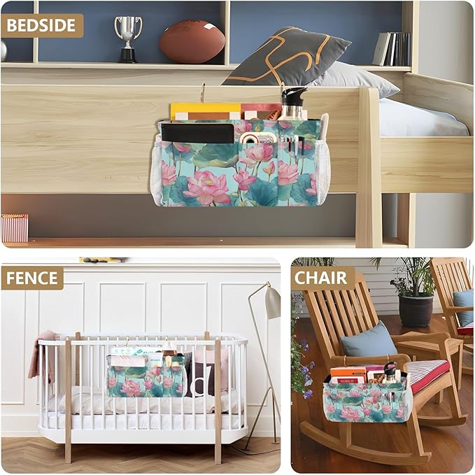 Bedside Caddy Hanging Bunk Bed Caddy Bed Organizer Hanging Pocket with 2 Hooks Bedside Storage Organizer Pocket Bag Holder Pastel Lotus Leaf Stem Floral