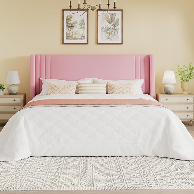 SHA CERLIN King Size Velvet Upholstered Platform Bed Frame with Vertical Channel Tufted Wingback Headboard, Wooden Slats Support, Easy Assembly, Under Bed Storage, No Box Spring Required, Pink