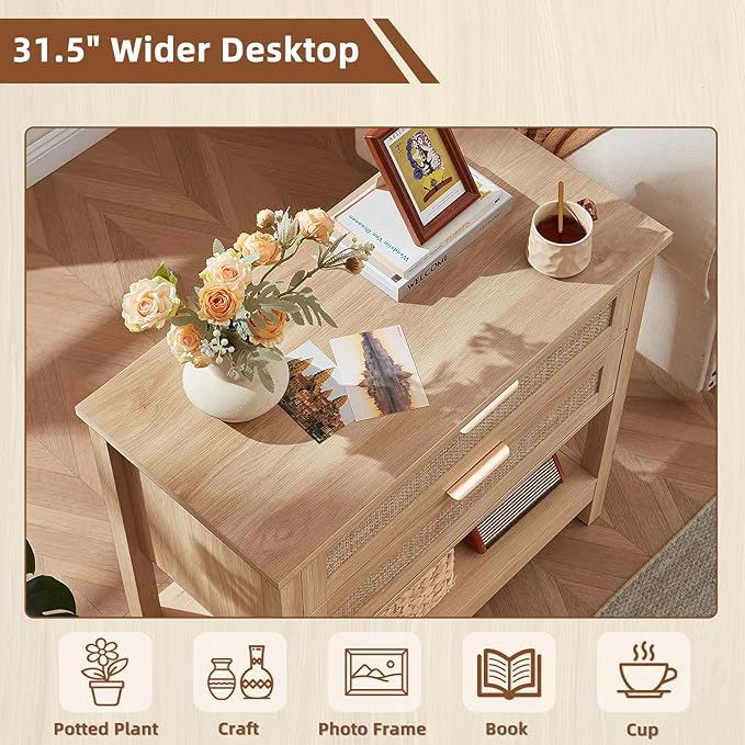 LEYAOYAO 31.5" Wide Rattan Night Stand, Oversized Large Boho Nightstand with 2 Drawer, Natural Wood Bed Side End Tables with Storage Shelf, Tall Bedside Table for Bedroom Living Room, Hallway