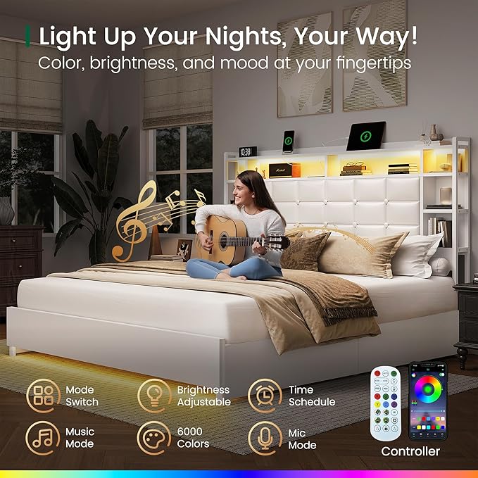 LARMACE Queen Size Bed Frame with 4 Storage Drawers and Bookcase Headboard, Faux Leather Upholstered, Wooden Platform Bed Frame with Charging Station and LED Lights, No Box Spring Needed, White