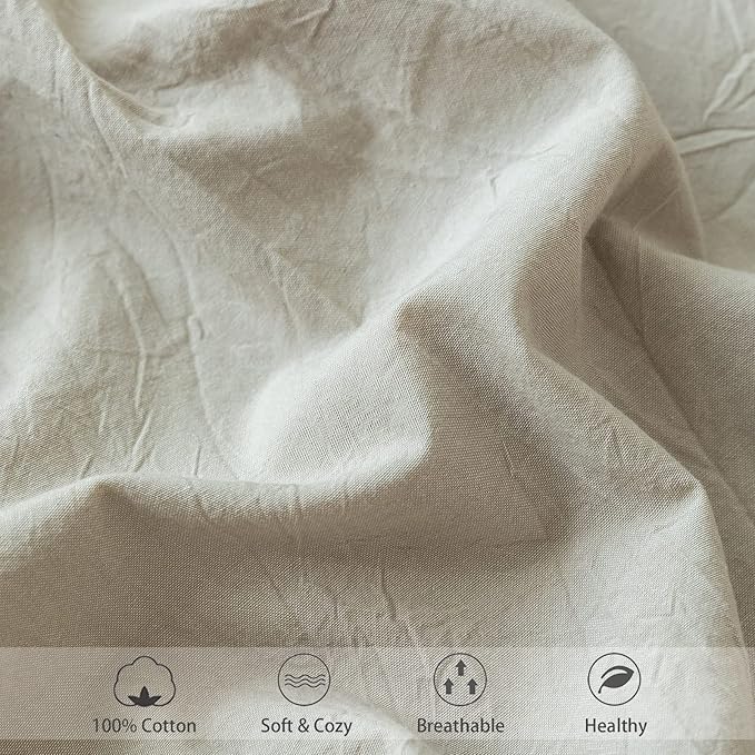 MooMee Fitted Bottom Sheet Only 100% Washed Cotton Linen Like Textured Breathable Durable Soft Comfy Deep Pocket Fits Mattress up to 17" (Cream Grey, King) New