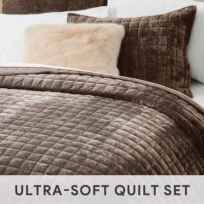 RECYCO Luxury Velvet Quilt Set King Size Bedding Sets, Ultra Soft Velvet Comforter Set, Lightweight Channel Box Stitch Oversized Bedspread Coverlet for All Season, with 2 Shams, Walnut Brown